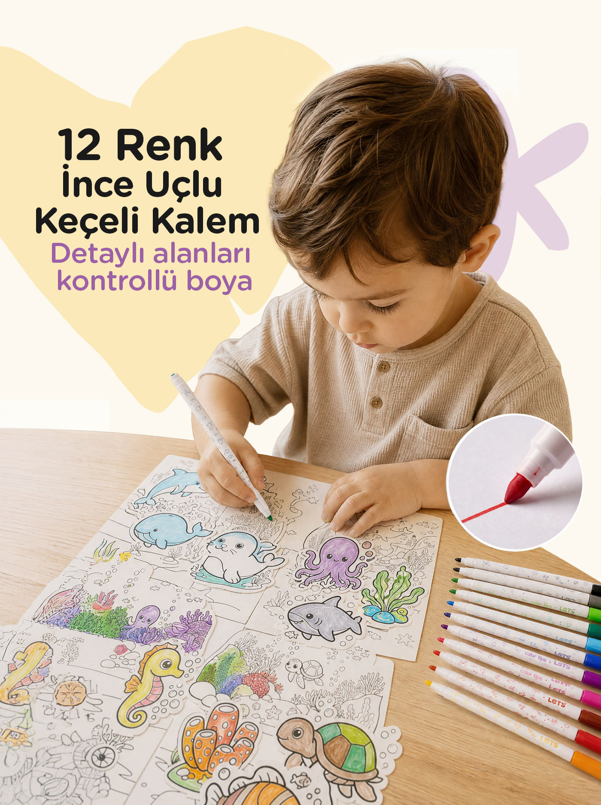3D Boyama Aktivite Seti Okyanus Temalı – 12 Renk Keçeli Kalem | Let's 4