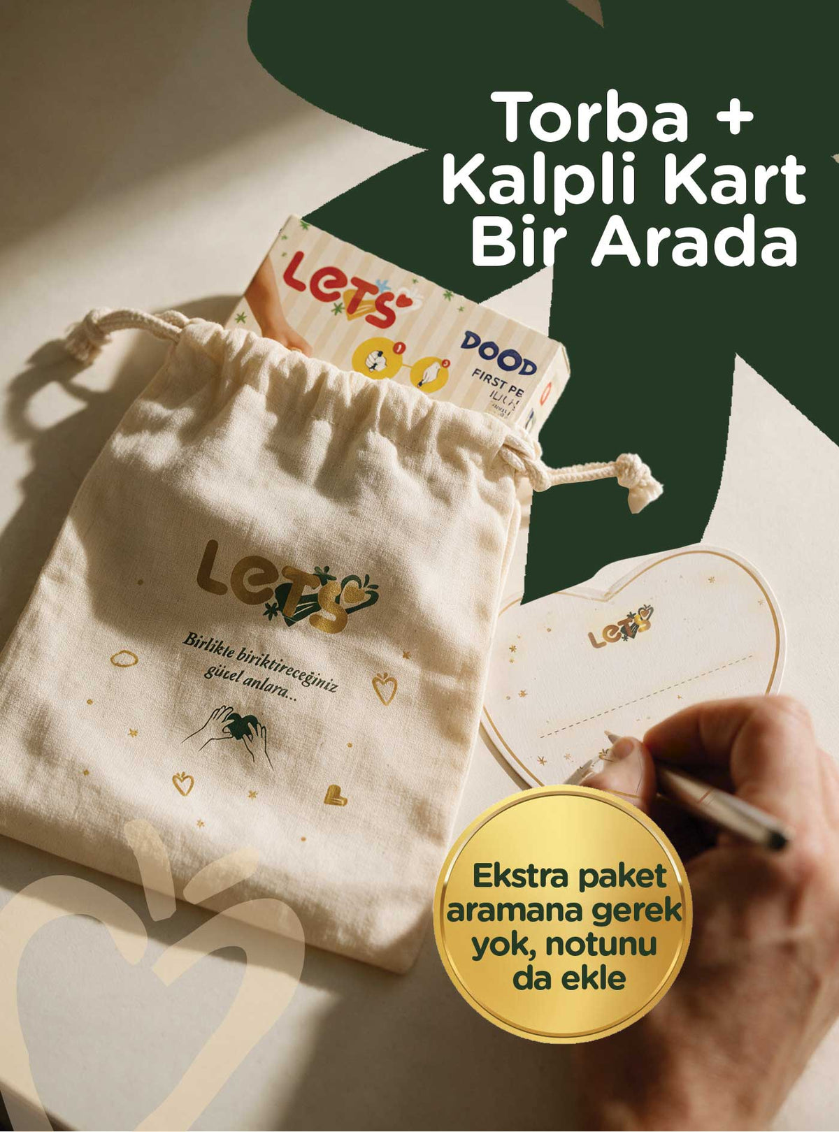 Büzgülü Bez Hediye Torbası ve Kalpli Hediye Kartı Seti 30x40 cm Doğum Günü Hediye Paketi 3