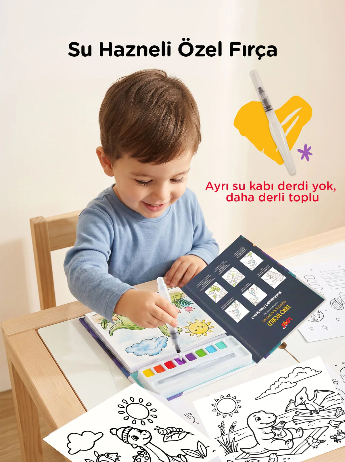 Sulu Boya Boyama Kitabı & Aktivite Seti - Dino World 3