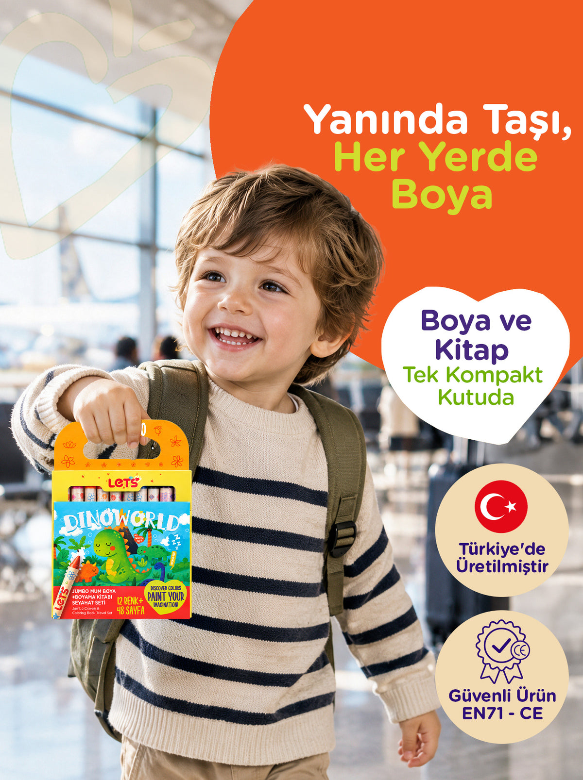 Mum Boya Seyahat Seti – 12 Renk + Boyama Kitabı Dinozorlar Temalı | Let's