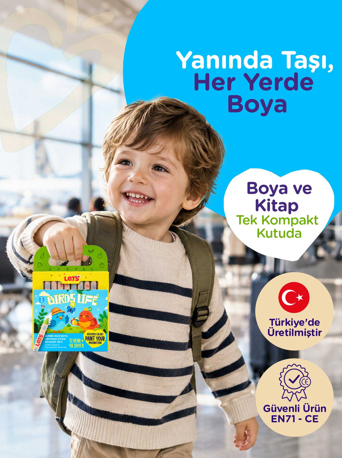 Mum Boya Seyahat Seti – 12 Renk + Boyama Kitabı Kuşlar Temalı | Let's