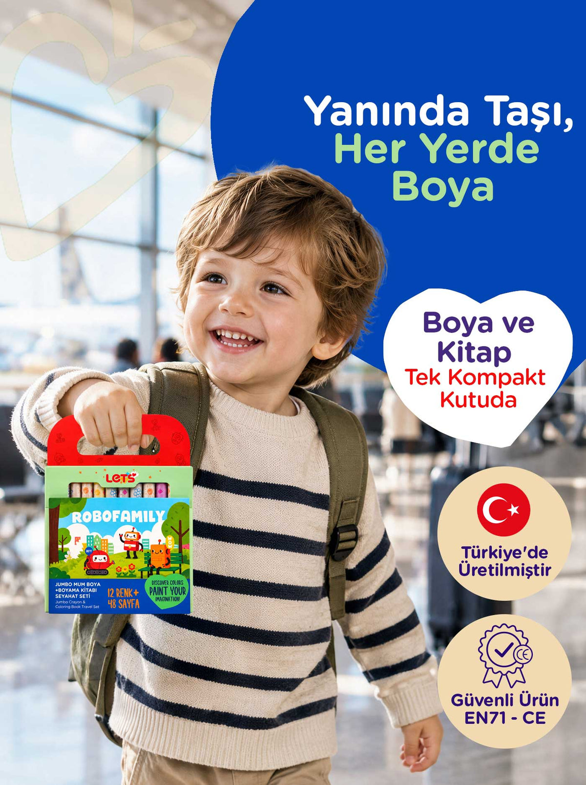 Mum Boya Seyahat Seti – 12 Renk + Boyama Kitabı Robotlar Temalı | Let's