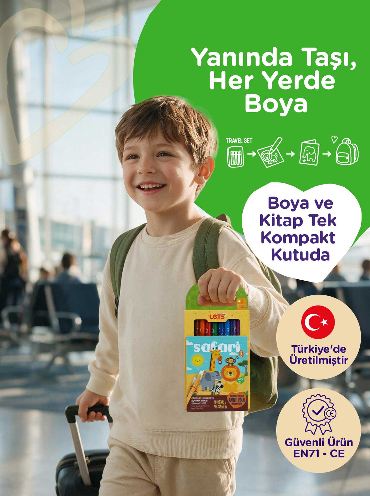 Mum Boya Seyahat Seti – 10 Renk + Boyama Kitabı Safari Temalı | Let's 4