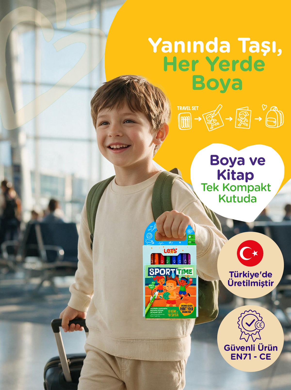 Mum Boya Seyahat Seti – 10 Renk + Boyama Kitabı Spor Temalı | Let's 4