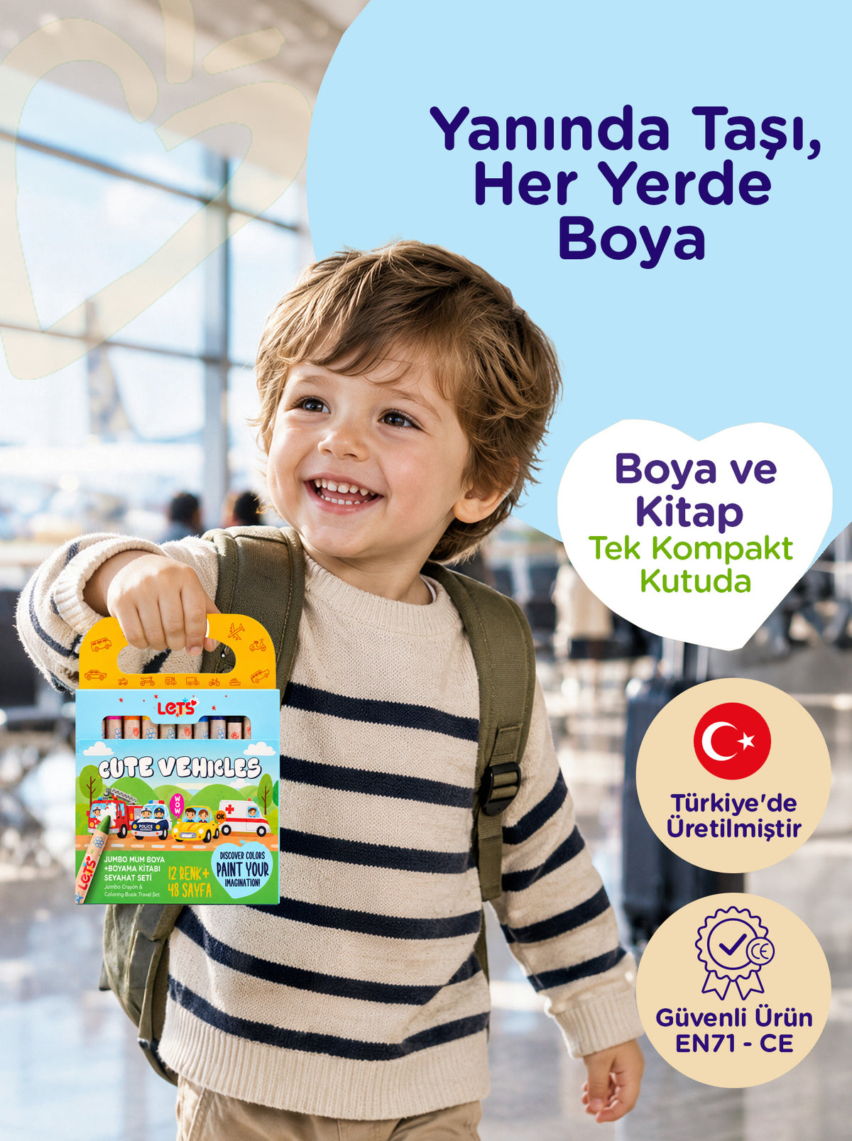 Mum Boya Seyahat Seti – 12 Renk + Boyama Kitabı Taşıtlar Temalı | Let's