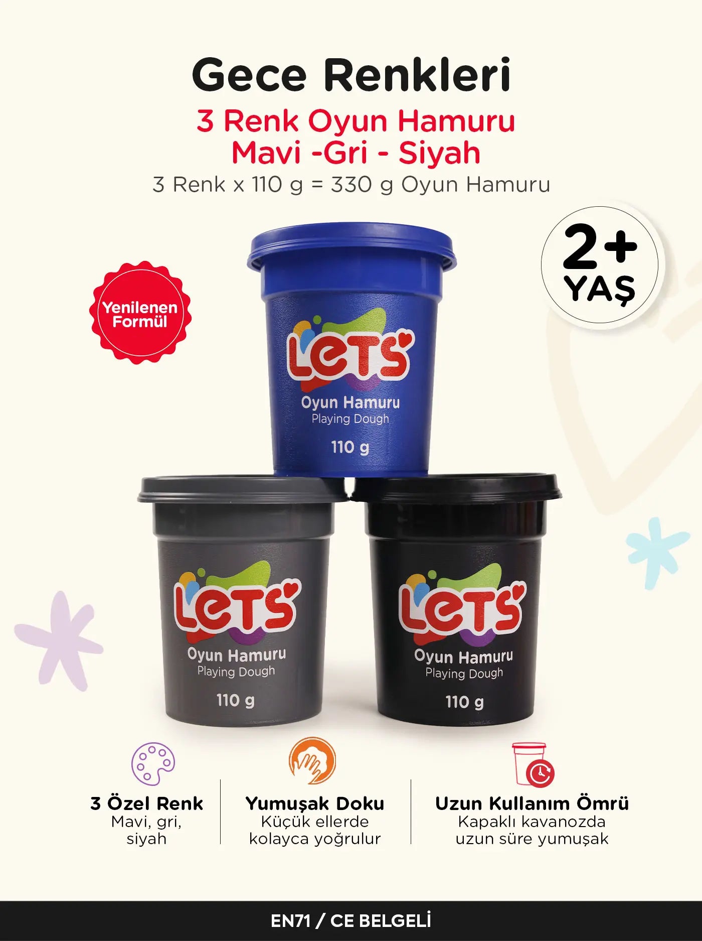 Oyun Hamuru Seti 3'lü – Gece Renkleri Let's
