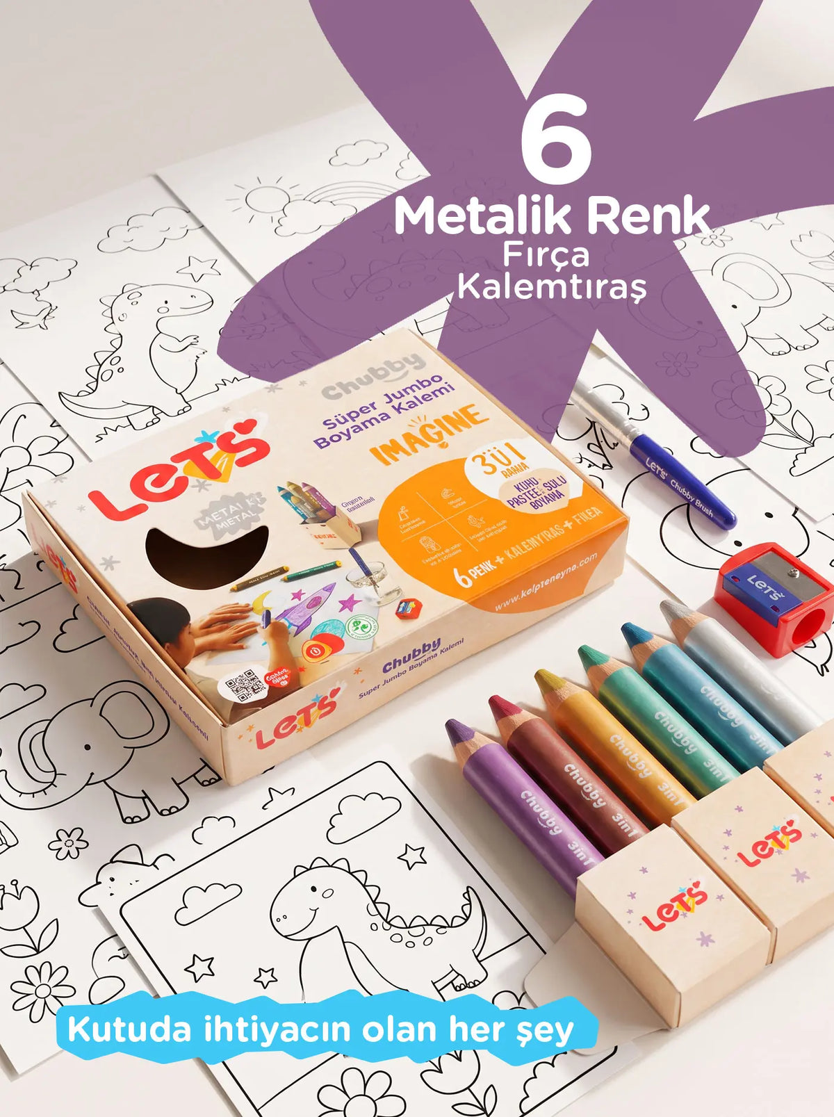 Metalik Boya Kalemi 6 Renk 3in1 – Chubby Jumbo Kalem | Let's 3