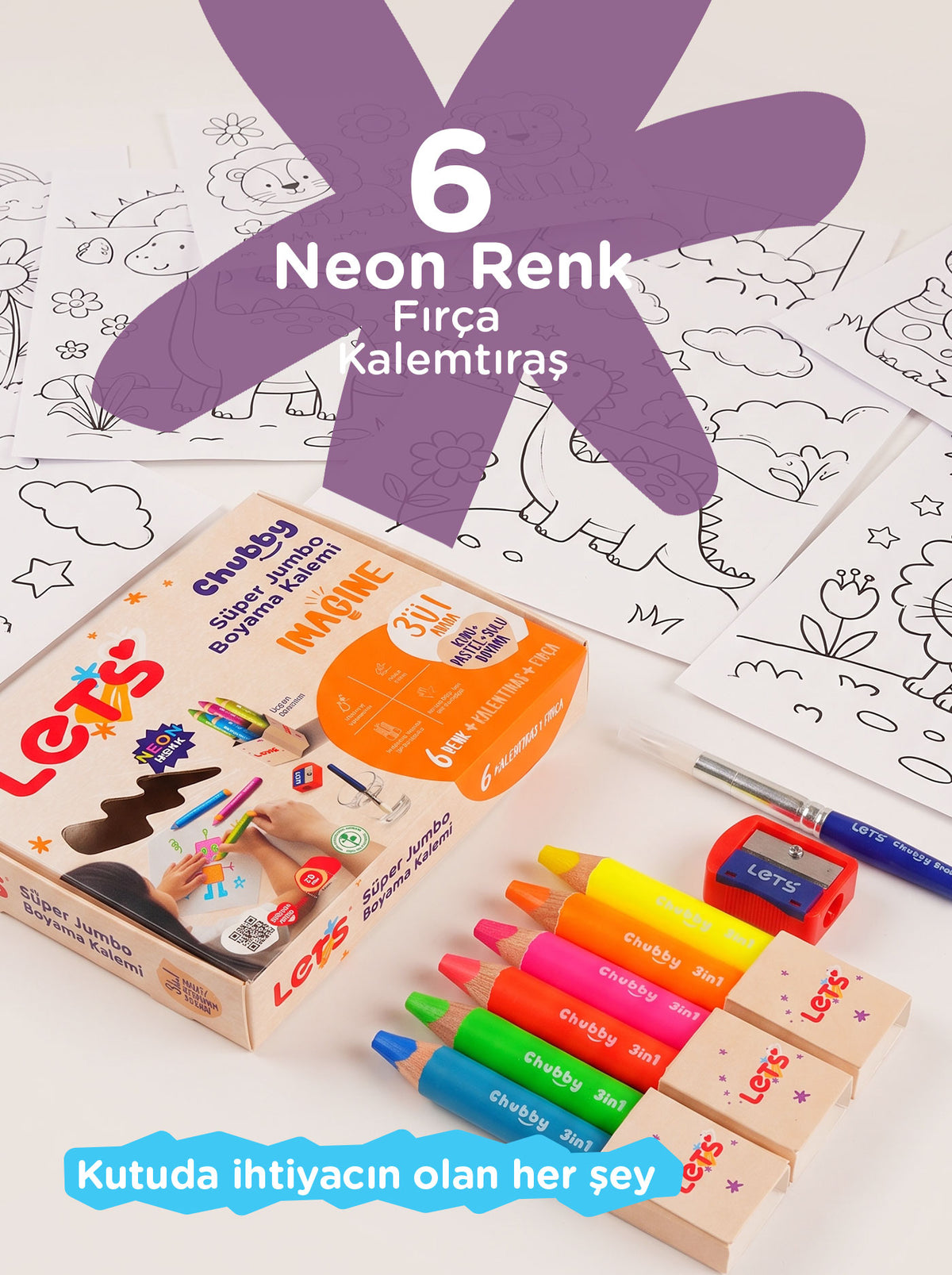 Neon Jumbo Boya Kalemi 6 Renk 3in1 – Chubby Jumbo | Let's 3
