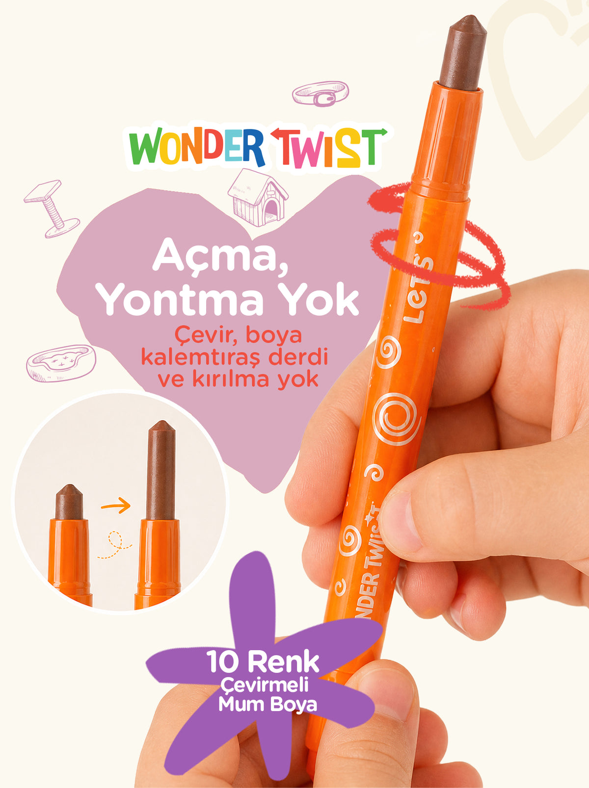 Mum Boya Seyahat Seti – 10 Renk + Boyama Kitabı Sevimli Dostlar Temalı | Let's 4