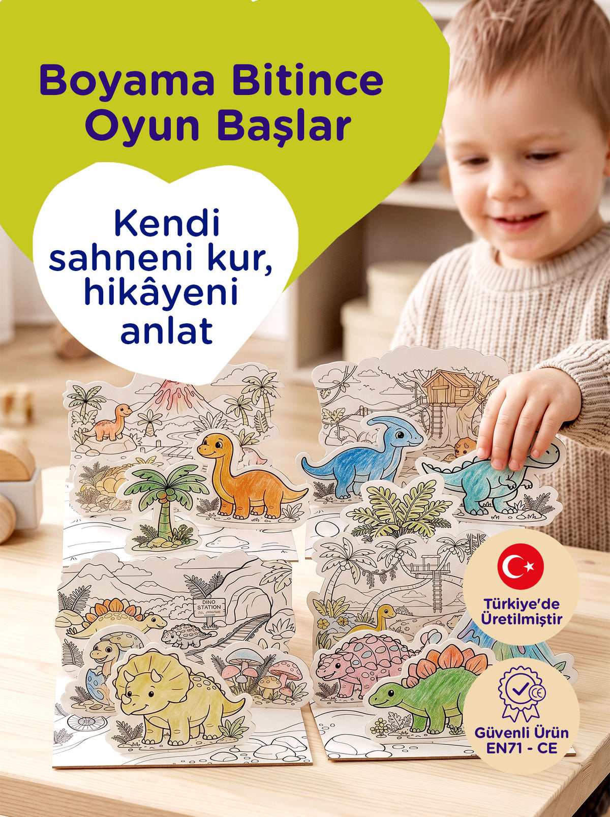 3D Boyama Aktivite Seti Dinozor Temalı – 12 Renk Keçeli Kalem | Let's