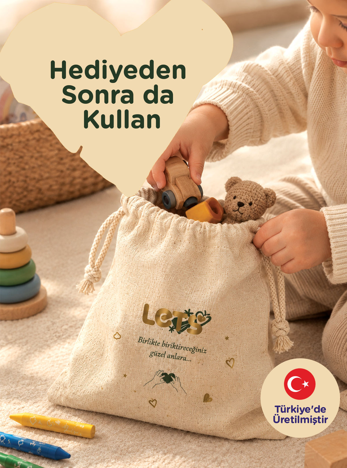 Büzgülü Bez Hediye Torbası ve Kalpli Hediye Kartı Seti 30x40 cm Doğum Günü Hediye Paketi 2