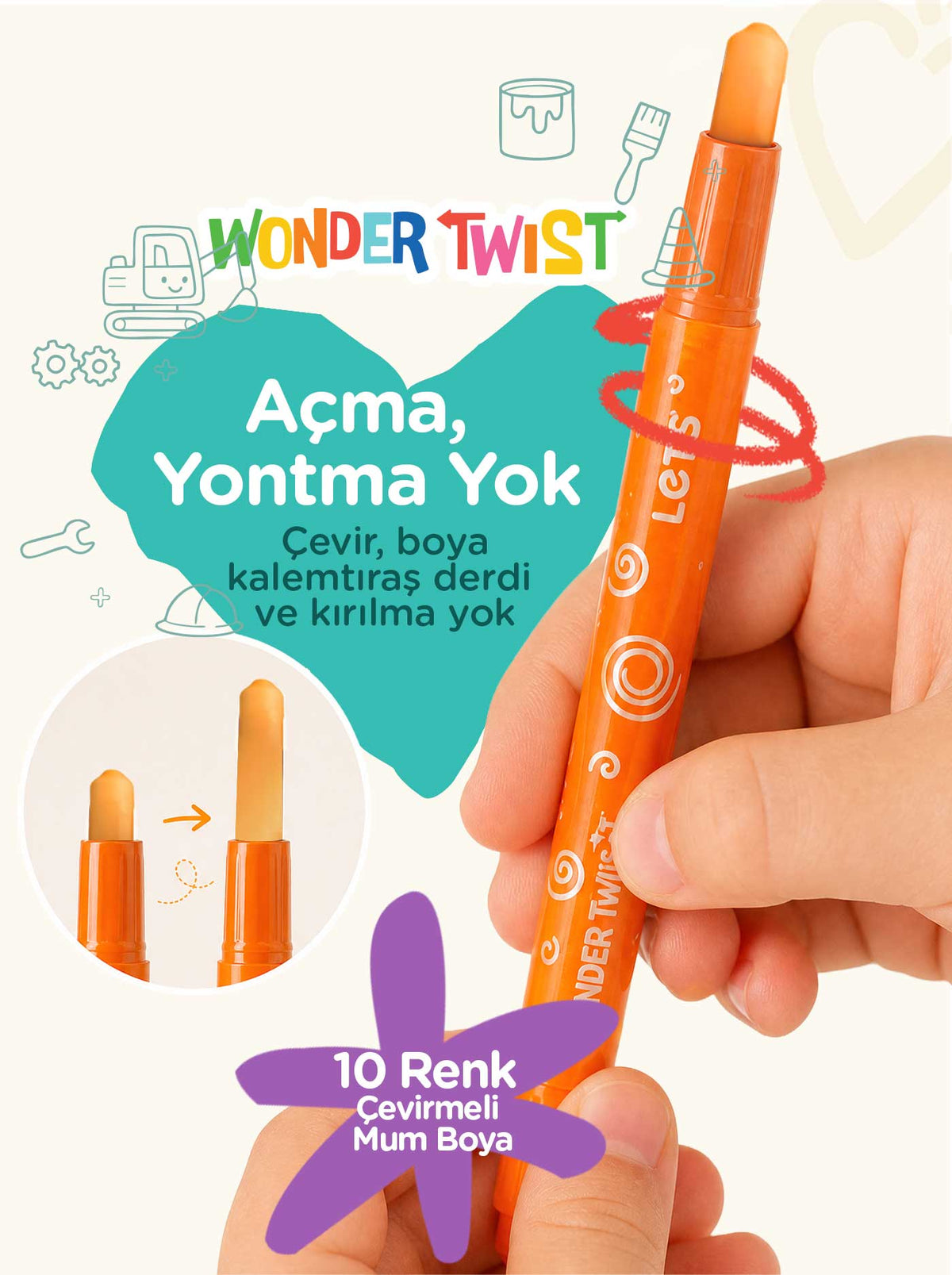 Mum Boya Seyahat Seti – 10 Renk + Boyama Kitabı İnşaat Temalı | Let's 3