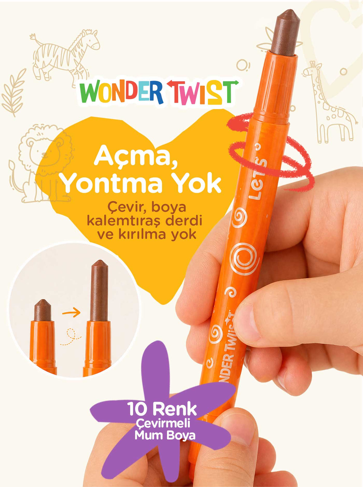 Mum Boya Seyahat Seti – 10 Renk + Boyama Kitabı Safari Temalı | Let's 3