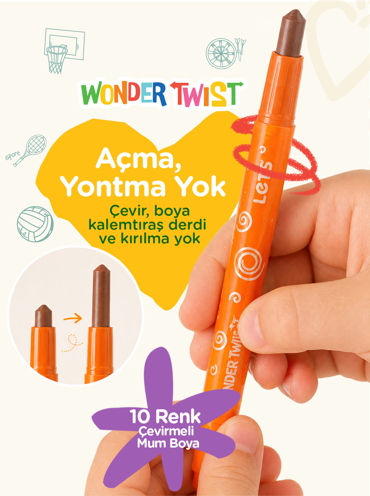 Mum Boya Seyahat Seti – 10 Renk + Boyama Kitabı Spor Temalı | Let's 3