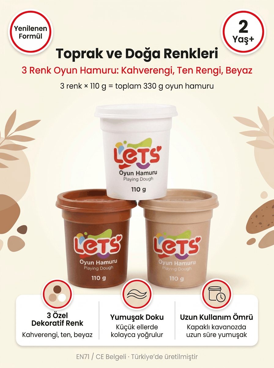 Oyun Hamuru Seti 3'lü – Toprak ve Doğa Renkleri Let's