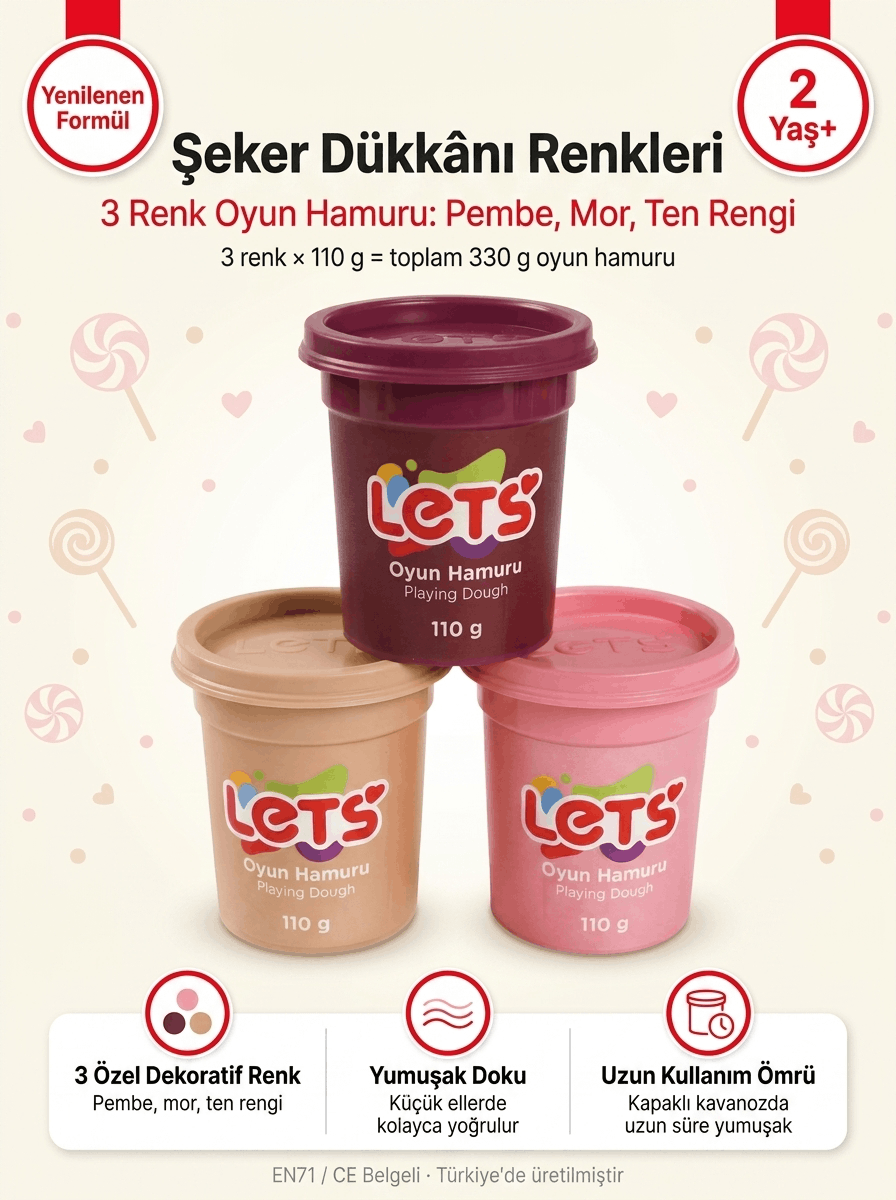 Oyun Hamuru Seti 3'lü – Şeker Dükkânı Renkleri Let's