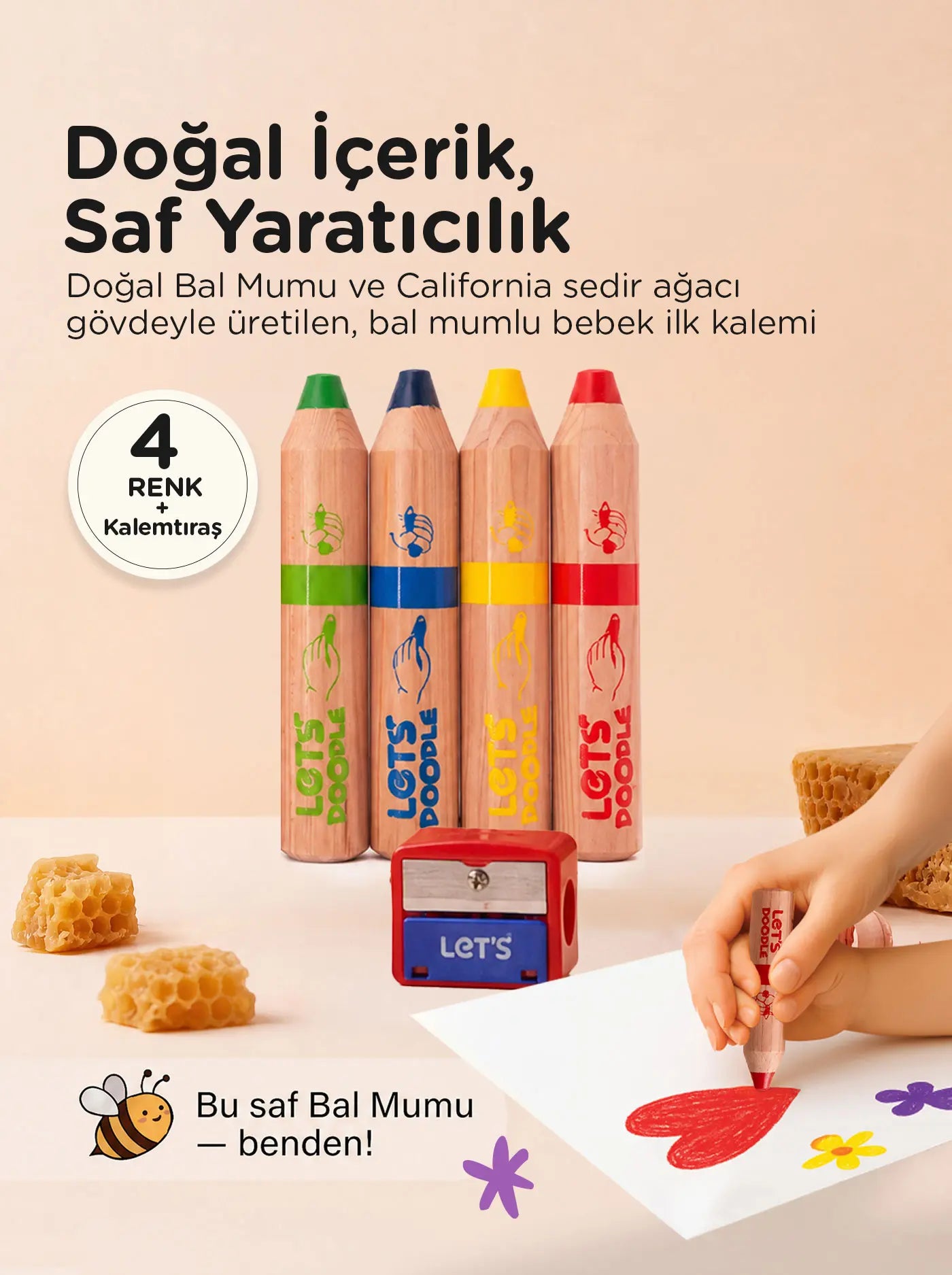 Let's Doodle Bebek İlk Kalem 4'lü - Minik Eller İçin Doğal İçerik