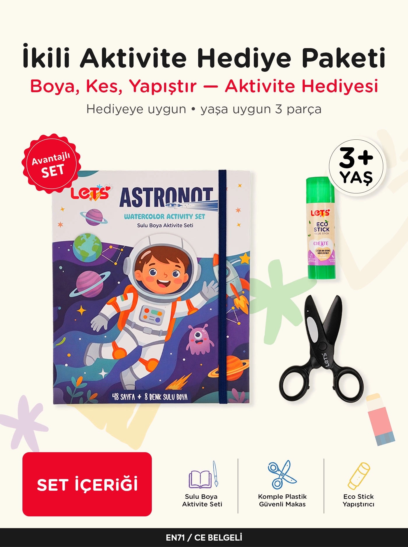 İkili Aktivite Hediye Seti Çocuk Sanat (Sulu Boya + Makas + Yapıştırıcı) 1
