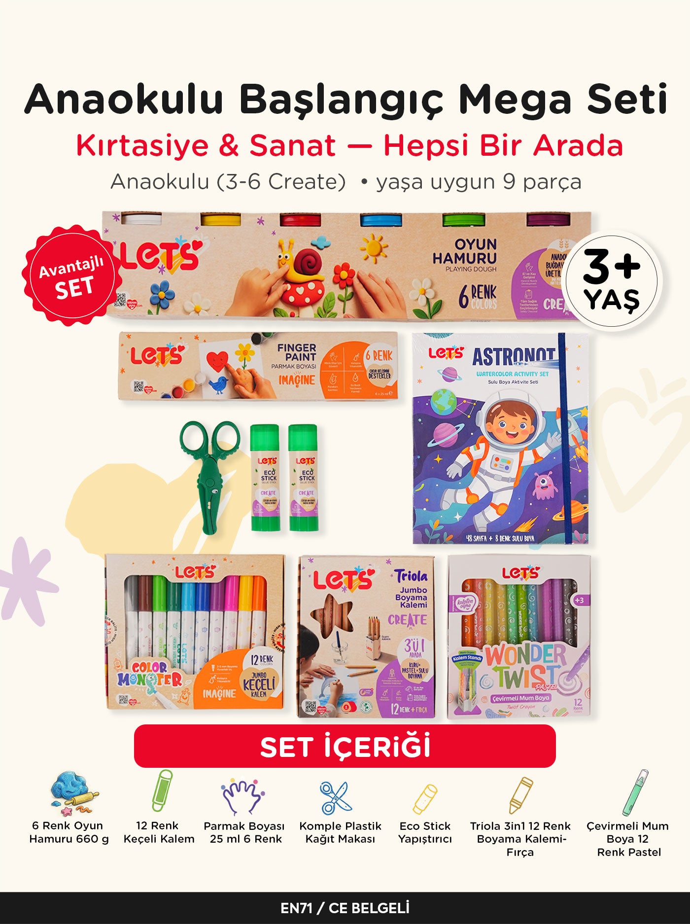 Anaokulu Kreş Başlangıç Mega Kırtasiye Sanat Seti (Boyama Kalemi + Keçeli Kalem + Parmak Boyası + Sulu Boya + Mum Boya + Oyun Hamuru + Makas + Stick)