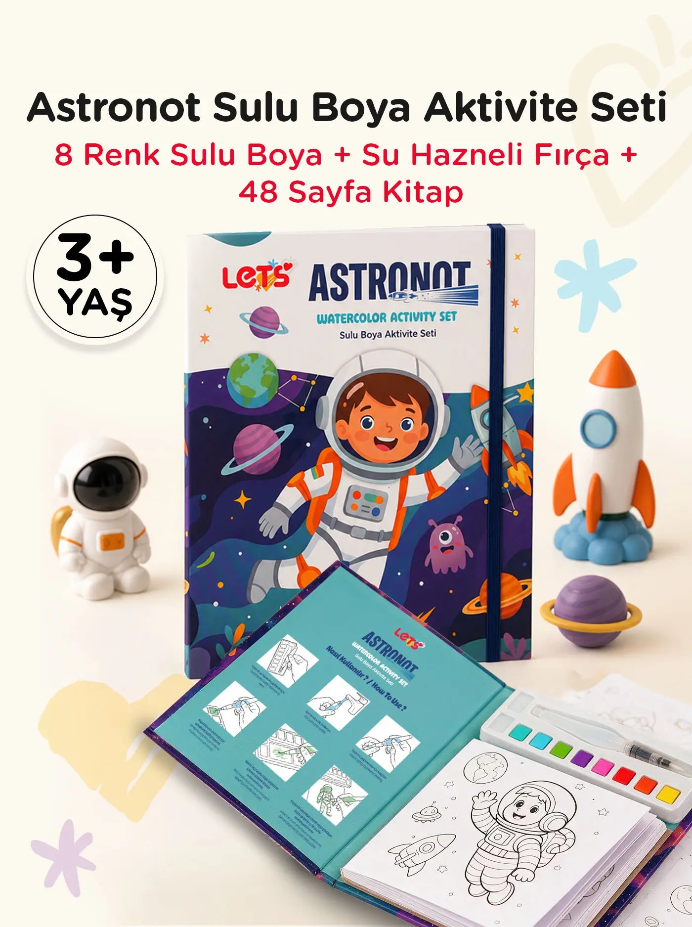 Sulu Boya Boyama Kitabı & Aktivite Seti – Astronot | Let's