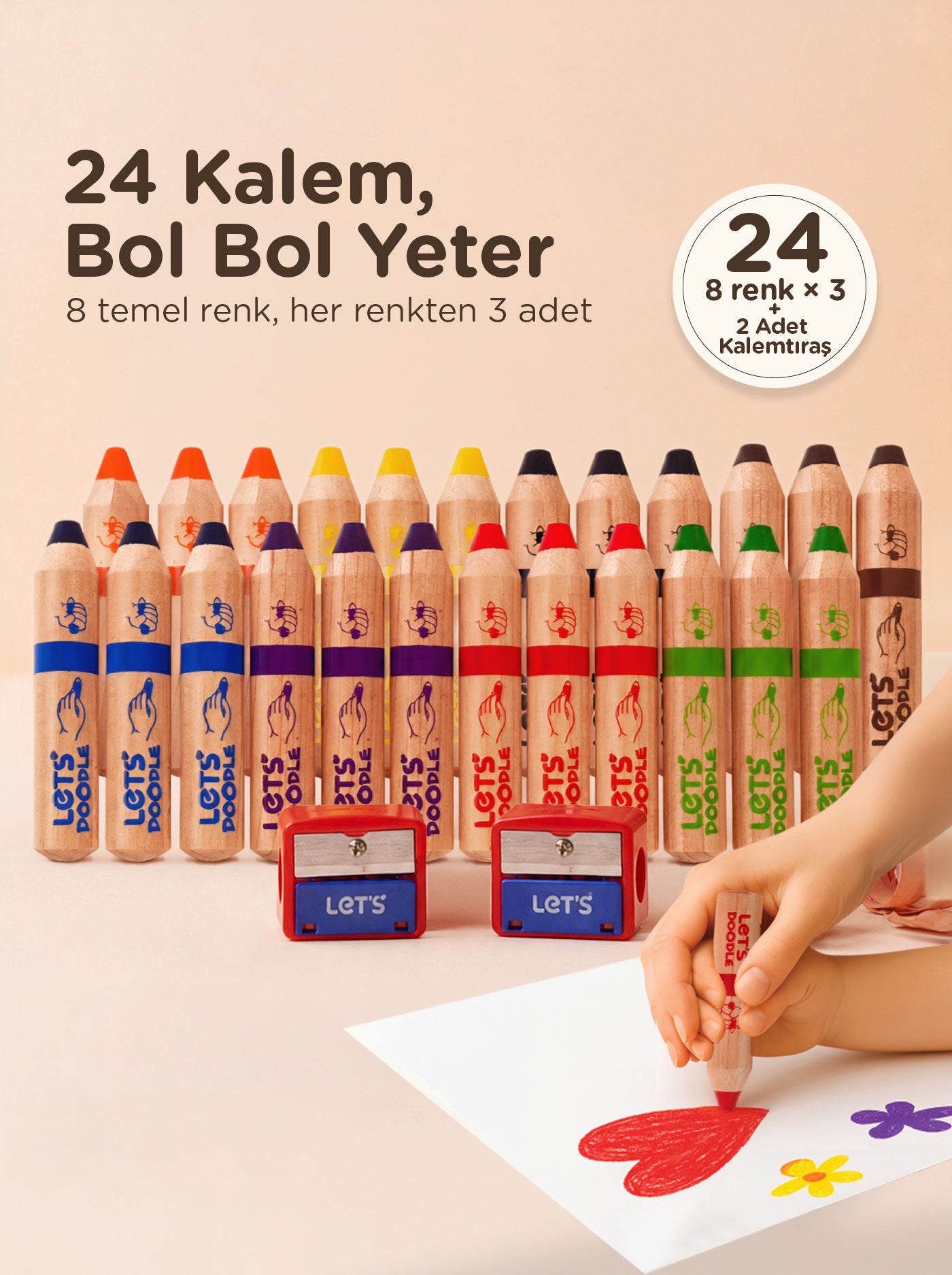 Bebek Boya Kalemi 24'lü Set – 8 Renk × 3 Class Pack | Let's Doodle 2