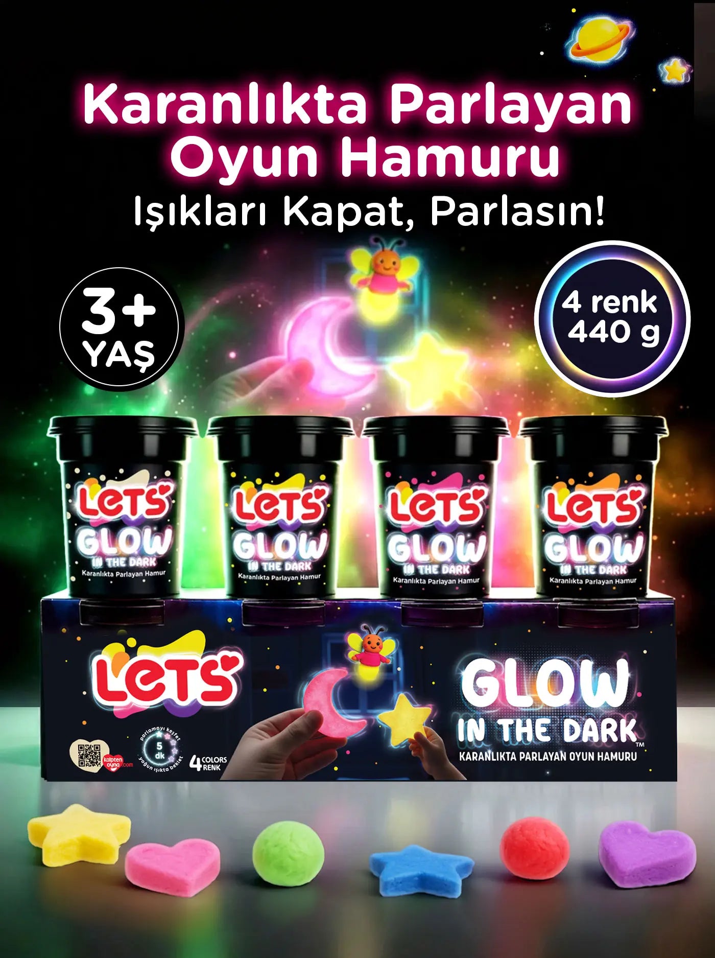 Karanlıkta Parlayan Oyun Hamuru 4 Renk 440 g | Let's