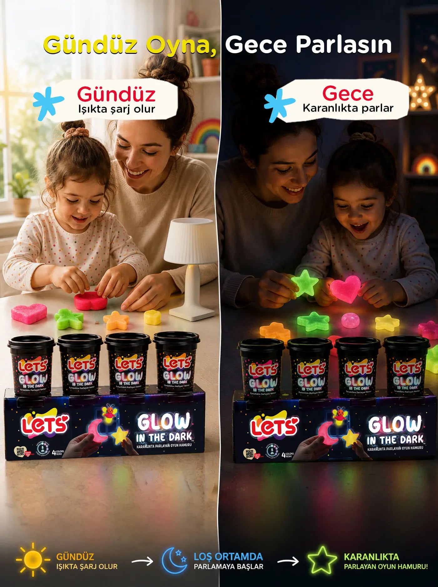 Karanlıkta Parlayan Oyun Hamuru 4 Renk 440 g | Let's