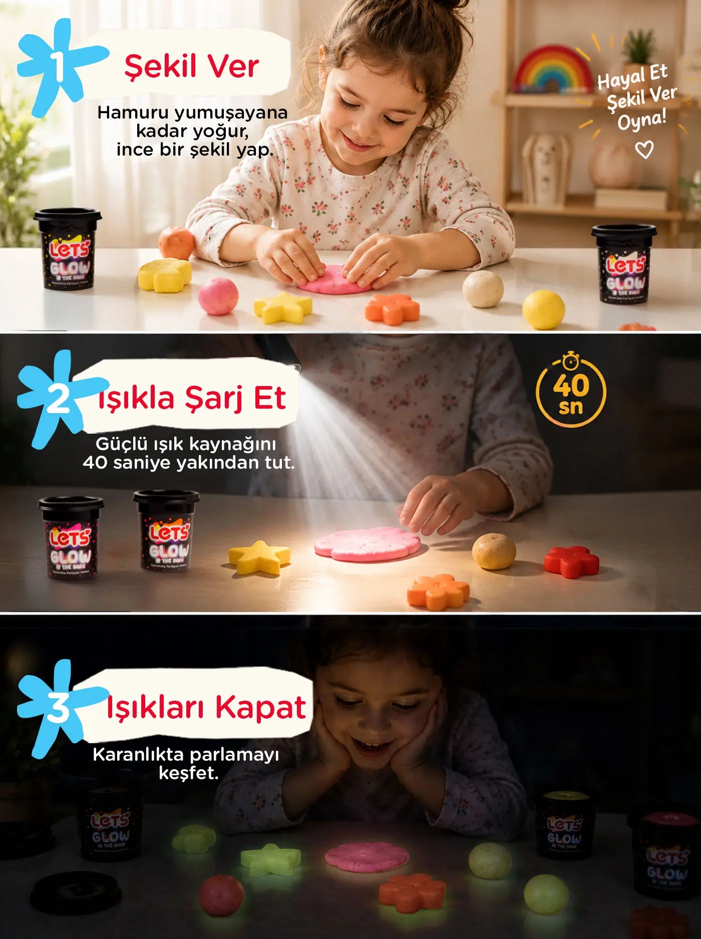 Karanlıkta Parlayan Oyun Hamuru 4 Renk 440 g | Let's 4