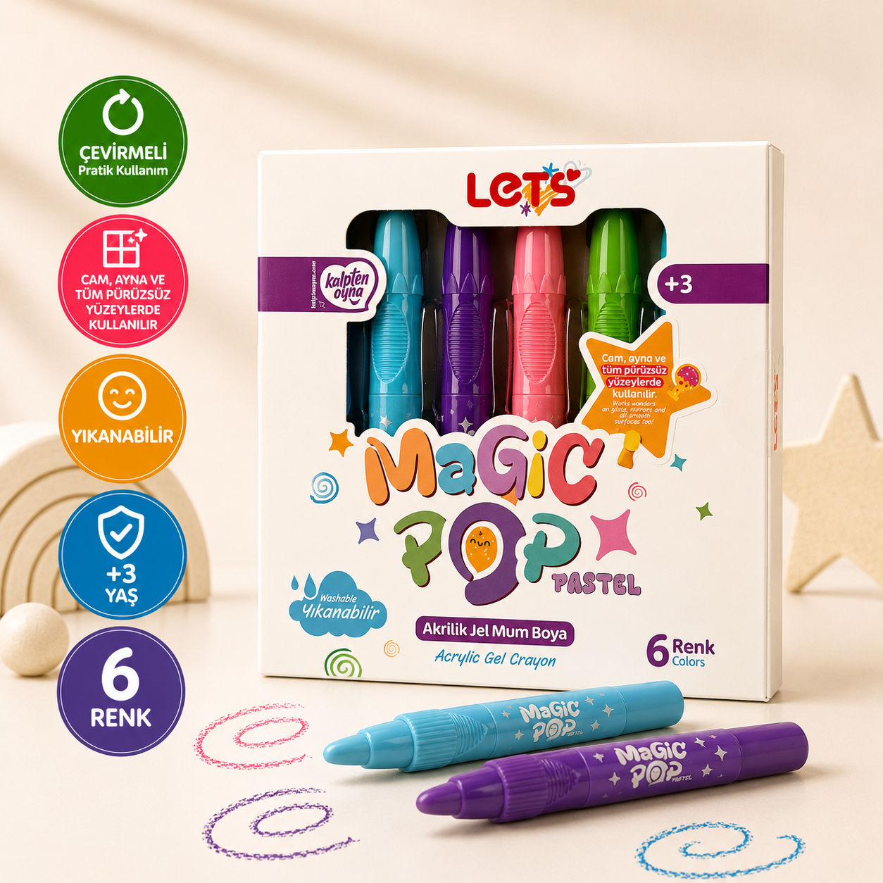 Let’s MagicPop Pastel 6 Renk Mum Boya – Cam Yüzeylerden Kolayca Silinebilir 1