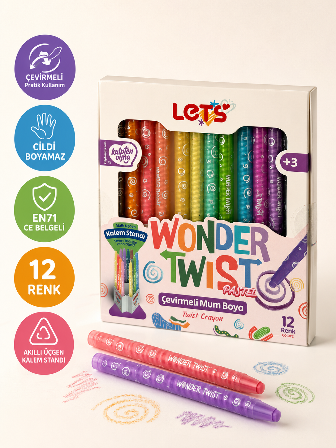 Let’s Wonder Twist Mini Pastel Çevirmeli Mum Boya | 12 Renk